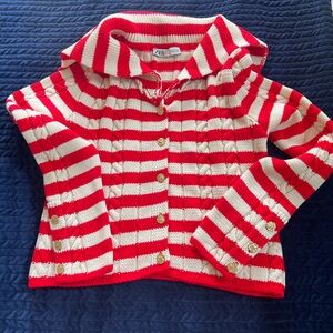 Zara Red and White Striped Cardigan Sweater